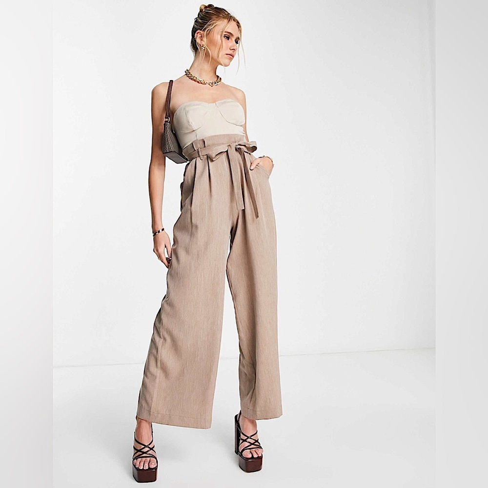 🍨ASOS DESIGN 2 in 1 satin bust wide leg jumpsuit in stone, 10, NWT✨